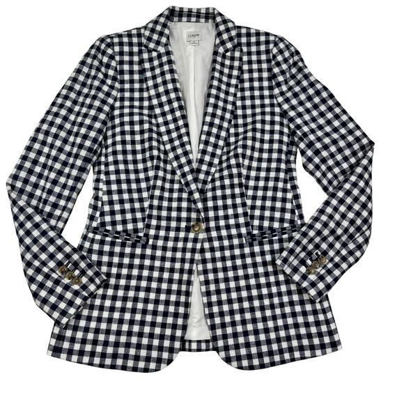 J. Crew Linen Blend Navy White Gingham Classic Timeless Blazer Women's Size 0 - Picture 1 of 6
